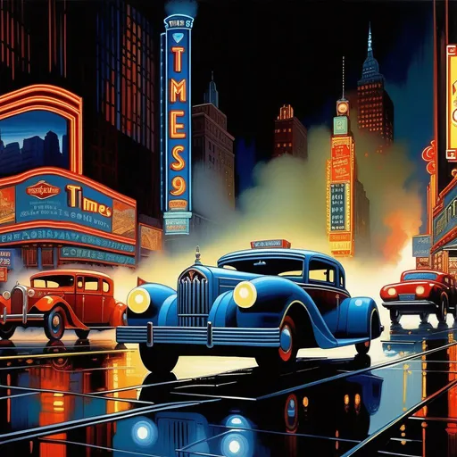 Prompt: 1930s, Times Square at night, neon, car chase, rain, fog, cold blue atmosphere, cartoony style, extremely detailed painting by Greg Rutkowski and by Henry Justice Ford and by Steve Henderson 

