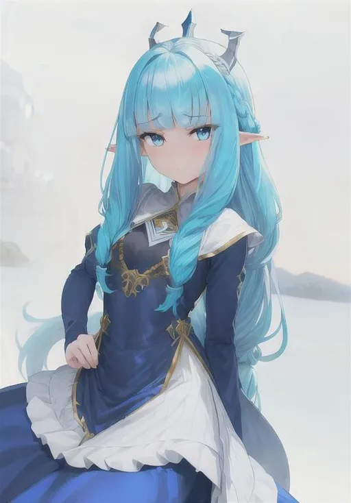 Prompt: 1 girl, queen, highly detailed blue eyes, highly detailed face, innocent looking, regal looking, regal, 8k UHD, young girl, pointy ears, divine, highly detailed blue dress, long sleeved, anime, long dress, fully clothed, fantasy kingdom backdrop, highly detailed back braided silver hair, slight front bangs, scenic view landscape, magical feel, aerial view, idyllic, overhead shot, determined