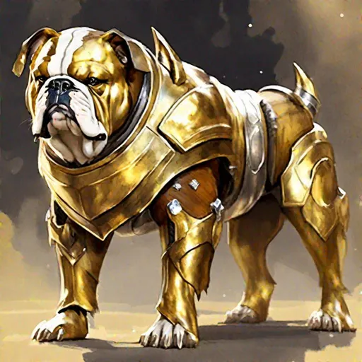 Prompt: Dominion Alliance War Dog, bulldog-like, solid gold-brown fur, silver armor, masterpiece, best quality, (in watercolor painting style)