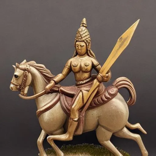 Prompt: male fighter with gods spear together with amazon woman riding horses 