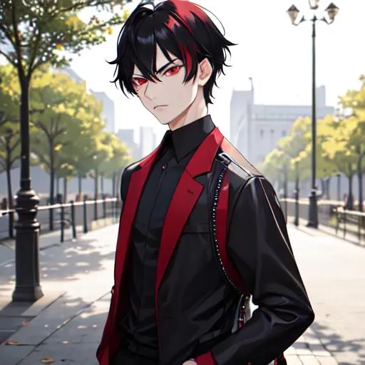 Prompt: Damien (male, short black hair, red eyes) in the park at night, casual outfit, midnight, angry, stern look on his face