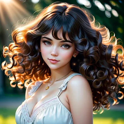 Prompt: Channel the evocative style of Ilya Kuvshinov to craft a portrait resonating with utmost professional photographic fidelity. The central focus is a jubilant young woman, her long, curly locks dancing with the wind, capturing hints of sunlight in each twist and turn. Every strand, every curl should be meticulously detailed.

Her face, the cornerstone of this piece, demands unparalleled attention. The eyes, in particular, should stand as a masterpiece within the masterpiece, capturing the sheer joy of the moment and reflecting the vast expanse of the golden wheat field that stretches before her.

She's adorned in a delicate, almost ethereal white summer dress, its fabric so thin that it hints at translucence. The realistic portrayal of the material is pivotal: the way it clings to her figure, billows with the breeze, and captures the backlighting from the sun.

The background is a vast wheat field, each stalk detailed, swaying gently. Its golden hues are set ablaze by the sun that lowly hangs behind her, casting a luminous halo that outlines her silhouette. Above, a clear blue sky stretches out, dotted sporadically with fluffy white clouds.

The play of light, especially the soft glow of the setting sun, should realistically interact with every element in the frame, from the sheen of her hair to the golden grains of wheat and the ethereal quality of her dress.

In true Kuvshinov fashion, harmonize the joyous spirit of the subject with the serene ambiance of a summer evening. Ensure no restricted terms are incorporated.