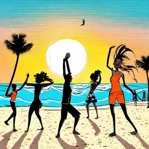 Prompt: beach sunset cartoon with people dancing to music, minimal art style, black and white, keith herring influence art style

