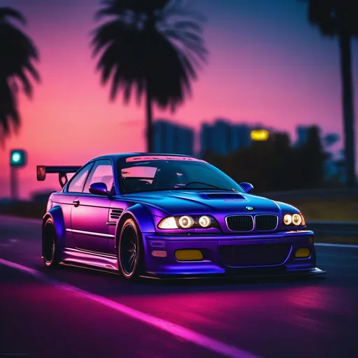 Prompt: 2001 BMW M3 E46 GTR, synthwave, aesthetic cyberpunk, miami, highway, dusk, neon lights, coastal highway, dusk, neon lights, coastal highway, sunset, drift, nurburgring, very detalied