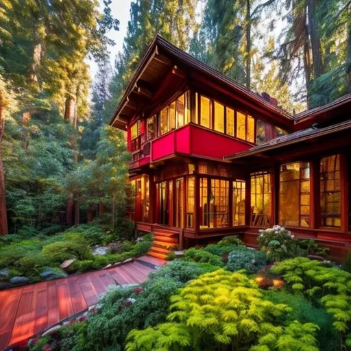 Prompt: a red wood house in the woods with butiful trees around the house and vibrant flowers in the garden