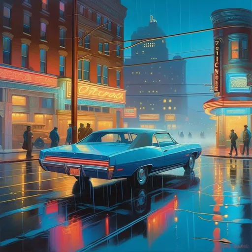 Prompt: 2030s, Detroit at night, neon, car chase, rain, fog, cold blue atmosphere, cartoony style, extremely detailed painting by Greg Rutkowski and by Henry Justice Ford and by Steve Henderson 

