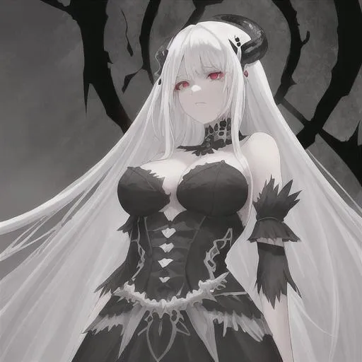 Prompt: goddess, of death, ragged dress, skulls, white hair