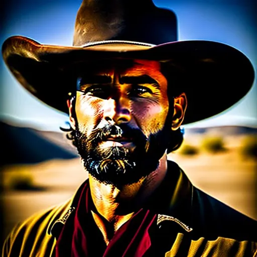 Prompt: Oil painting Highly detained cinematic shot of a cowboy. centered  around his face. in old west scenery 