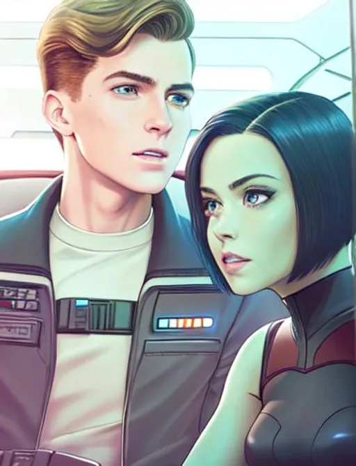 Prompt: shot of two people sitting together in a starship | shaved man: A clean shaven handsome freckled trimmed guy with freckles, trimmed face, a short dark brown slicked back pompadour undercut with chestnut highlights from the movie "star wars" is sitting in a spaceship, wearing an unbuttoned black retrofuturistic military space starfleet admiral uniform with "altered carbon" vibes, moles, beauty marks, muscles, abs, serious demeanor | and | green alien: a tiny green skinned alien female, extraterrestrial woman with emerald (green) skin, green face, emerald body, green bodyskin, green faceskin, very short thick voluminous extremely dark jet black bob haircut | cyberpunk "blade runner" style. by vladimir volegov and alexander averin and pierre auguste cot and delphin enjolras and peder mørk mønsted with a evil face and red light and shadow with a fire background.