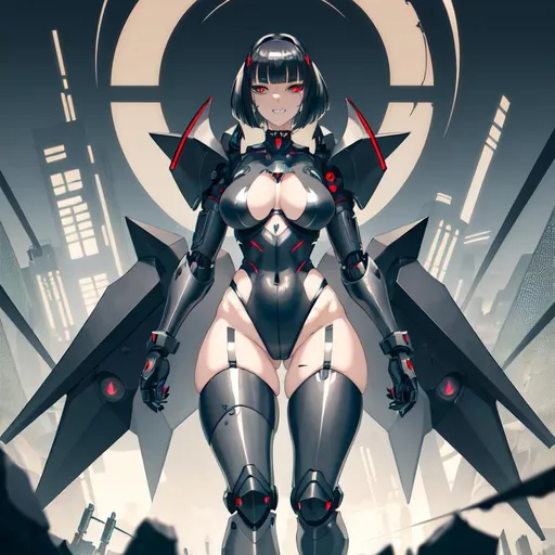 Prompt: a lonely cyborg-zombie AI girl, alluring, very tall, thick thighs, wide hips, huge glutes, long legs, slender waist, big beautiful eyes, disturbingly beautiful face, cruel expression, cruel toothy grin, short bob haircut with bangs, wearing heavy Neo-Gothic plate armor, heavily armored, scarred skin and stitches, massive cybernetic claws, ominous, God-quality, Godly detail, hyper photorealistic, realistic lighting, realistic shadows, detailed lighting, detailed shadows, realistic textures, 36K resolution, 12K raytracing, hyper-professional, impossible quality, impossible resolution, impossibly detailed, hyper output, perfect continuity, anatomically correct, no restrictions, realistic reflections