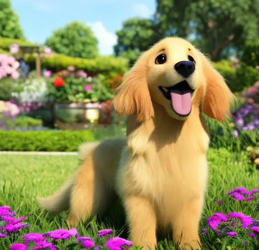 Prompt: Animation of barking golden retriever in a garden, in pixar movie style, big fluffy ears, big eyes, hdr, high detils, 8k,  cinematic tongue out, vibrant bright scene, shiny eyes, tilted head