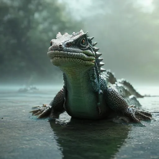 Prompt: cute water dragon with reptile eyes, hard armor scales, mysterious fog lake background, hyper realistic, full body, action figure