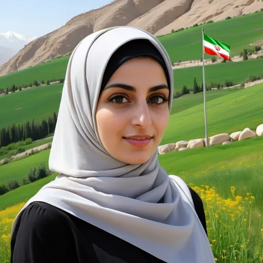 Prompt: A picture of an Iranian Muslim woman wearing a full hijab (I emphasize that her hijab is full, that is, no hair outside of the headscarf and no make-up) with the background image of a beautiful natural landscape behind her. Also, a corner of the image of the Iranian flag should be displayed so that it is clear that it belongs to the country of Iran. Also, in order for this image not to be copied, create a very small watermark for me called Mr. Artverse.