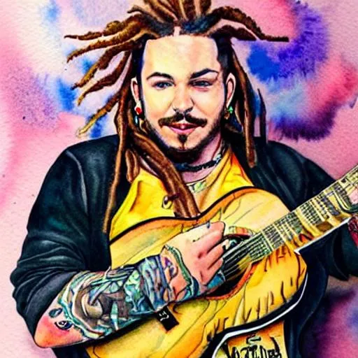 Prompt: [[post malone full body]],  watercolor, tattoos, dreadlocks, playing guitar
