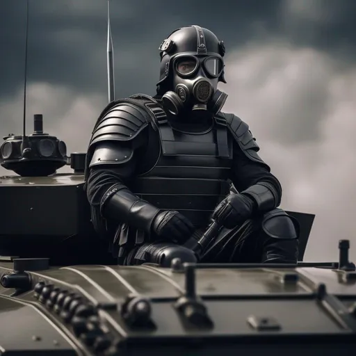 Prompt: A depression modern roman military male in black military roman armor, and gas mask, sitting on a tank, Hyperrealistic, sharp focus, Professional, UHD, HDR, 8K, Render, electronic, dramatic, vivid, pressure, stress, traumatic, dark.