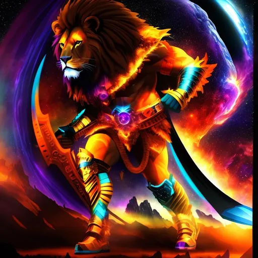 Prompt: 3D, HD, Cinematic, Dramatic, Cosmic, Epic, dark, Beautiful {Man}Lion, as warrior Nebula (Supernova red green blue yellow orange purple), hyper realistic, expansive interstellar background, hyper realistic, 8K --s99500