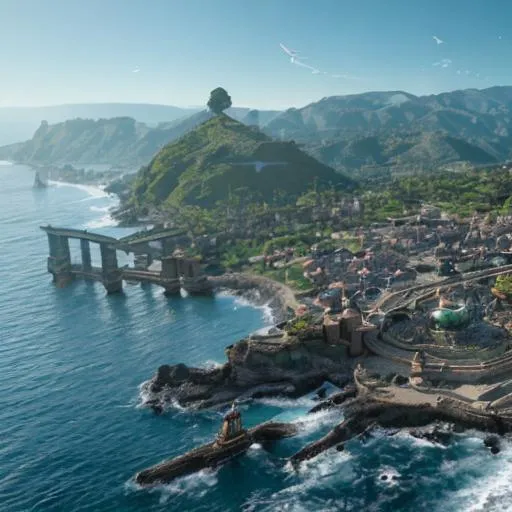 Prompt: Sprawling Elf city on the coast, highly populated, docks in the water, grasslands behind it