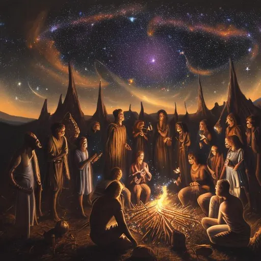 Prompt: esoteric realistic painting of a group of people gathered around the bonfire looking at the night sky with visible gigantic galaxies and stars and falling stars 