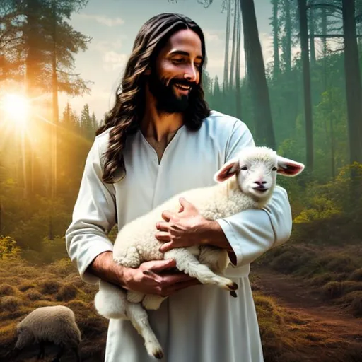 Prompt: cinematic image of caring Jesus holding a baby white soft smiling lamb in his arms, forest background, sunny day,fix hand