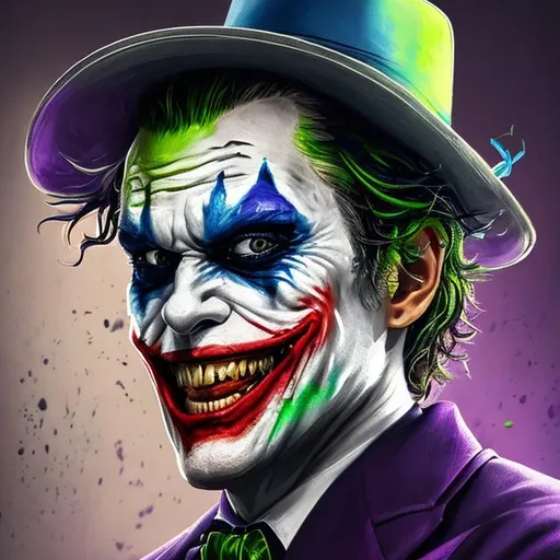 Prompt: colored Portrait of {Joker} with hat and with cute face, {background}, perfect composition, hyper realistic, super detailed, 8k, high quality, trending art, trending on artstation, sharp focus, studio photo, intricate details, highly detailed, facing the camera