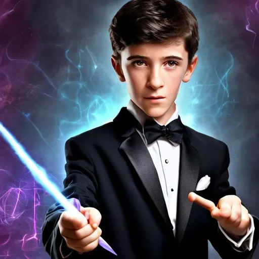 Prompt: 13 year old boy in a tuxedo holding his magic wand in a threatening manner saying don’t move or I will cast a magic spell on you