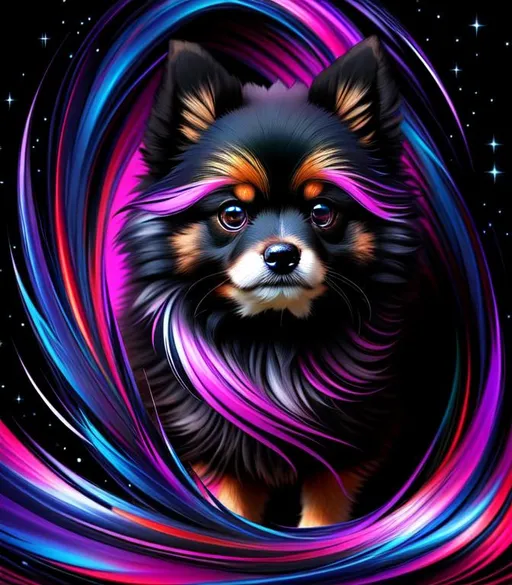 Prompt: Inky Epic Beautiful Hairy (Beautiful playful {Furry!! Pomeranian}Puppy liquid, Beautiful big reflective eyes, long flowing hair), hyper realistic,  expansive psychedelic background, hyper realistic, 8K --s99500