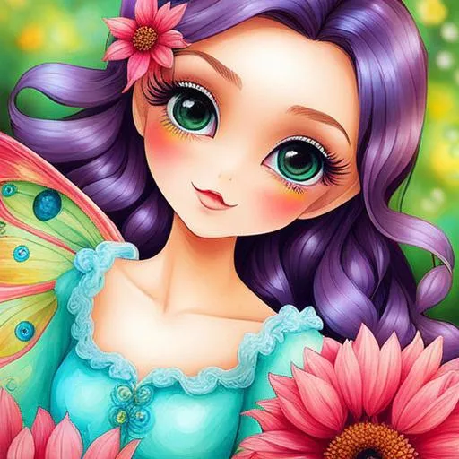 Prompt: Fairy of summer, vivid colors,large eyes, warm coiors, wildflowers, closeup