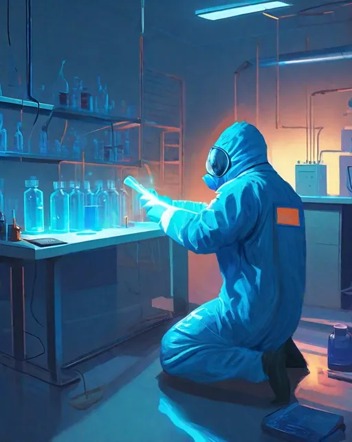 Prompt: In a sleek high-tech laboratory, a scientist makes a breakthrough discovery, holding up a (glowing:1.2) vial of blue liquid up to the light as eerie (neon:0.6) reflections dance across his hazmat suit. In the style of Simon Stålenhag.