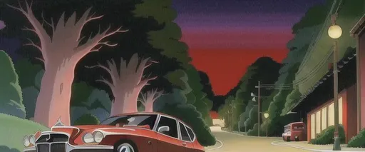 Prompt: Red car in the dark, DVD Screengrab from Studio Ghibli 2001 anime