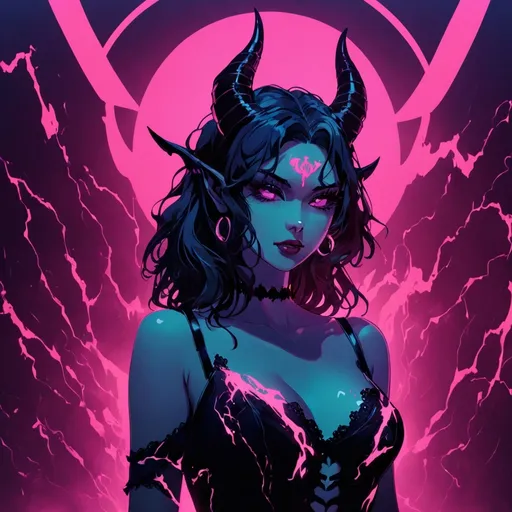 Prompt: beautiful female demon, hell, demonic, vaporwave, retro, neon, aesthetic, liminal, high quality, high definition, beautiful, dramatic lighting