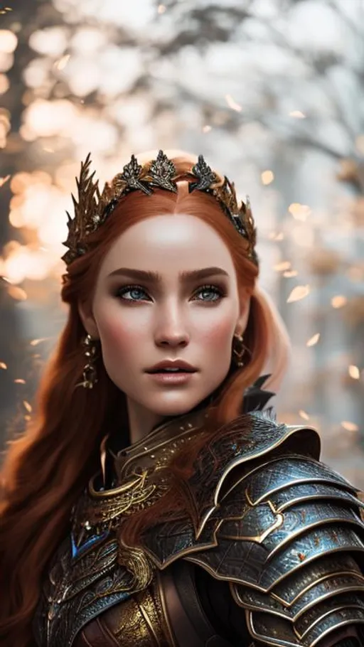 Prompt: Create a photograph of a beautiful fictional female human that is a dragon knight, with beautiful red dragon  armor, red hair, sword in hand and crown in head, extremely, detailed environment, detailed background, intricate, detailed skin, natural colors , professionally color graded, photorealism, 8k, moody lighting