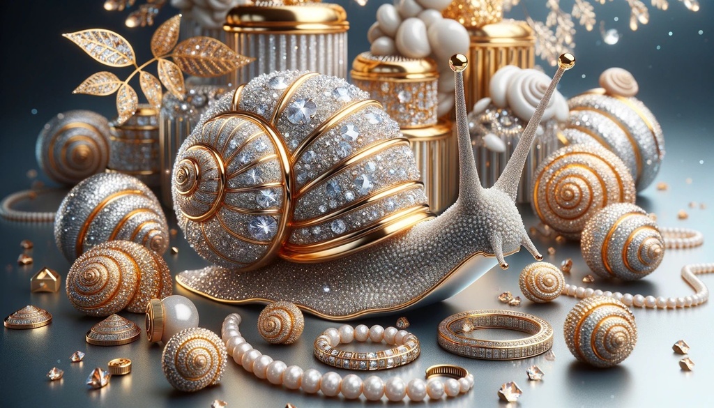 Prompt: luxury sparkling silver snail with golden snail cone