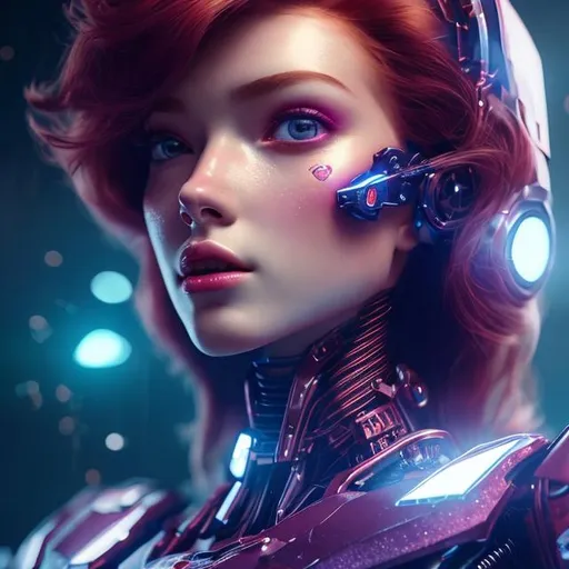 Prompt: a beautiful robot red head woman, feminine look, full body retro like, octane rendered 4k, hyperrealism, highly detailed, futuristic look, cinema 4k, lots of details, blue and purple background with stars, epic look, portrait 9:16