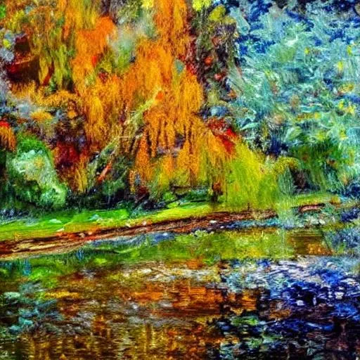 Prompt: a river lined with trees.  a mixture of impressionism and expressionism

