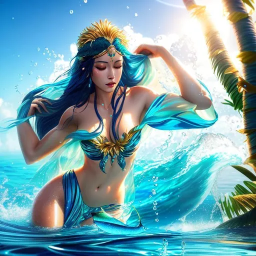 Prompt: Tropical Epic Beautiful Aquatic (Beautiful melancholy {goddess}female liquid satin}), hyper realistic, expansive oceanic background, hyper realistic, 8K --s99500