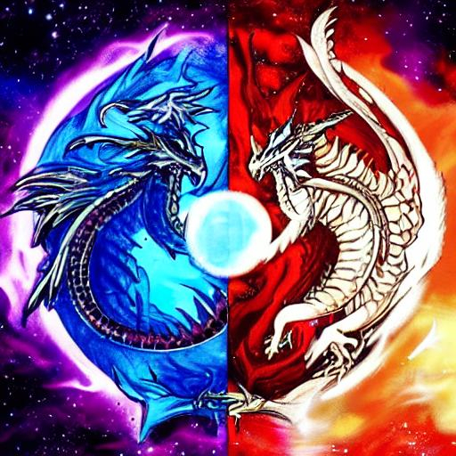 ice dragon and fire dragon fighting in the galaxy