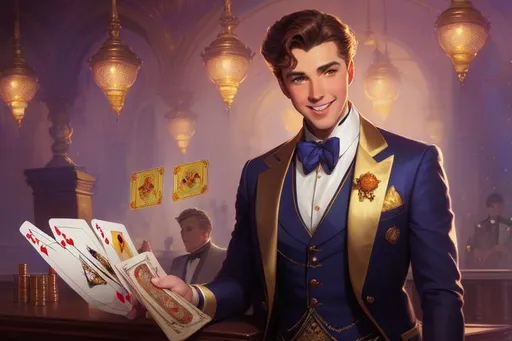 Prompt: a very cheerful handsome gambler with a smirk , particles , shiny , overly detailed , harem , prada , amazing colors , art by gaston bussiere, j. c. leyendecker, greg rutkowski, craig mullins, 8k