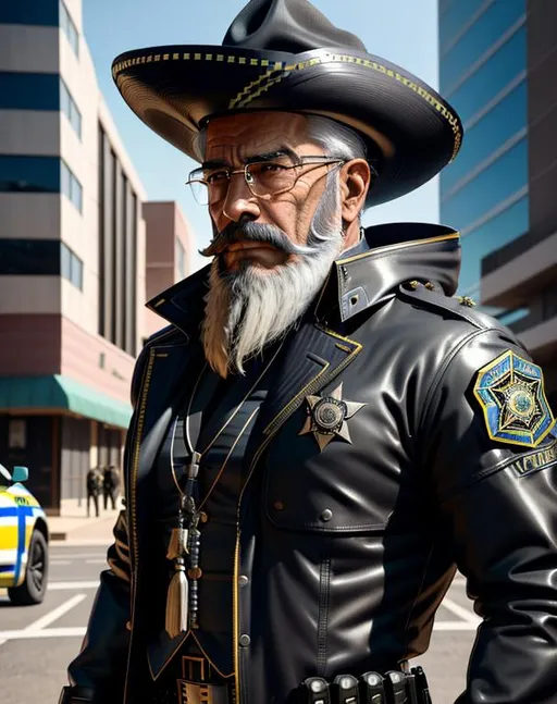 Prompt: perfect composition, bearded goatee {75 year old}, lean {mexican sheriff}, {short hair}, {long braided beard}, {wearing futuristic trench coat over police gear}, extra masculine, peak fitness, determined expression, 8k eyes, detailed face, wlop, stanley artgerm lau, artstation, hd, octane render, hyperrealism intricate details, 8k, cinematic volumetric light, proportional, sharp focus, studio photo, intricate details, highly detailed, intricate artwork masterpiece, ominous, intricate, epic, trending on artstation, highly detailed, vibrant, production cinematic character render, ultra high quality model, 