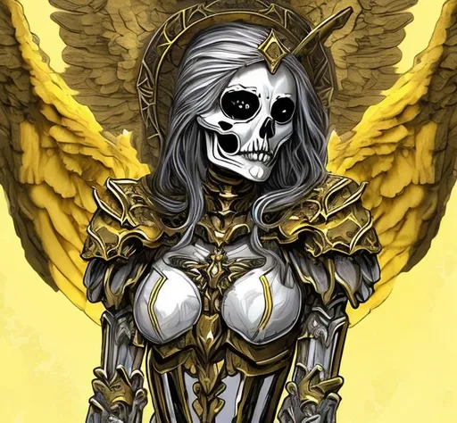 Prompt:  skeleton angel 😇 woman wear yellow and black full set armor 