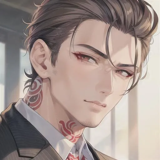 Prompt: (masterpiece, illustration, best quality:1.2), close up, 1man, yakuza tattoo, focus on eyes, heavily detailed eyes, yakuza style, pixie hairstyle, grey hair, brown eyes, wearing black unbuttoned suit, best quality face, best quality, best quality skin, best quality eyes, best quality lips, ultra-detailed eyes, ultra-detailed hair, ultra-detailed, illustration, colorful, soft glow, 1 man