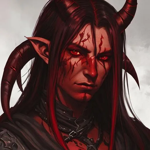 Prompt: a portrait of a tiefling rogue, with red skin, with long hair and two horns, dark ambient, d & d fantasy, ambient light, highly detailed, black and red scheme, art by artgem and greg rutkowski