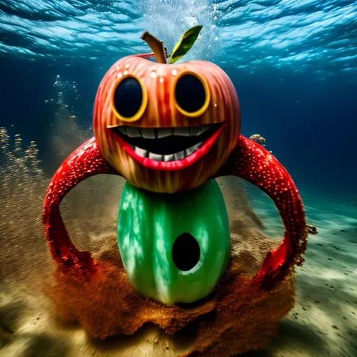 Prompt: a apple with a scary face riding a bicycle underwater

