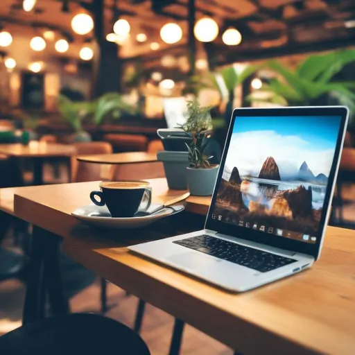 Prompt: Make an image for remote work (laptop) in a cafe with coffee on the tables