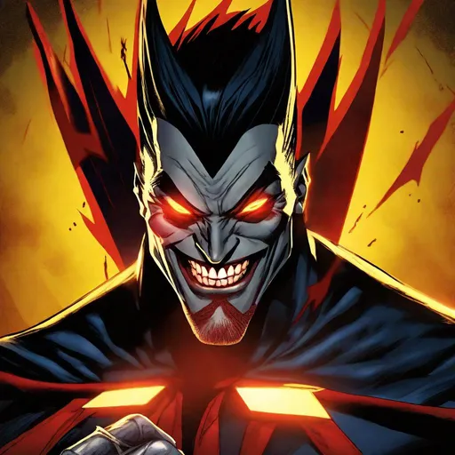 Prompt: Mister Sinister from the X-Men comics, grinning, ominous, sinister, evil, vampire-like, yellow background, warm spotlights, from different angles, studio lighting, action shot, 4k render, cover art. 
