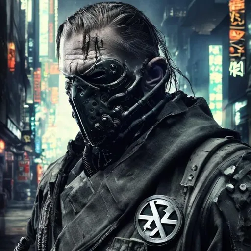 Prompt: Original villain. Future military armour with black and neon trim. Slow exposure. Detailed. Male masked. Dirty. Dark and gritty. Post-apocalyptic Neo Tokyo. Futuristic. Shadows. Sinister. Brutal. Intimidating. Evil. Bionic enhancements. Nazi clothes