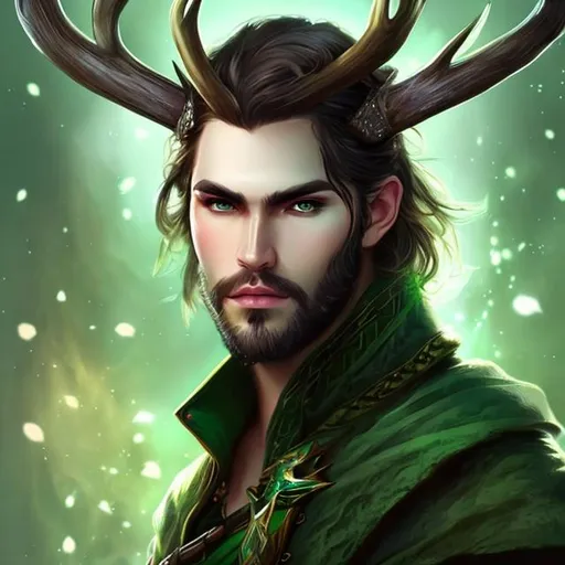 Prompt: beautiful man with deer antlers, short beard, high fantasy, green eyes, digital art