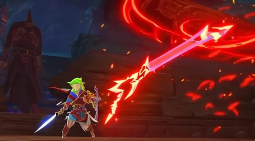 Prompt: the master sword glowing with energy as link stabs it through ganondorfs head