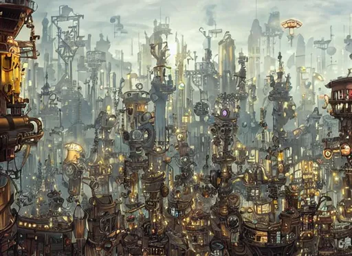 Prompt: a steampunk city floating in the sky