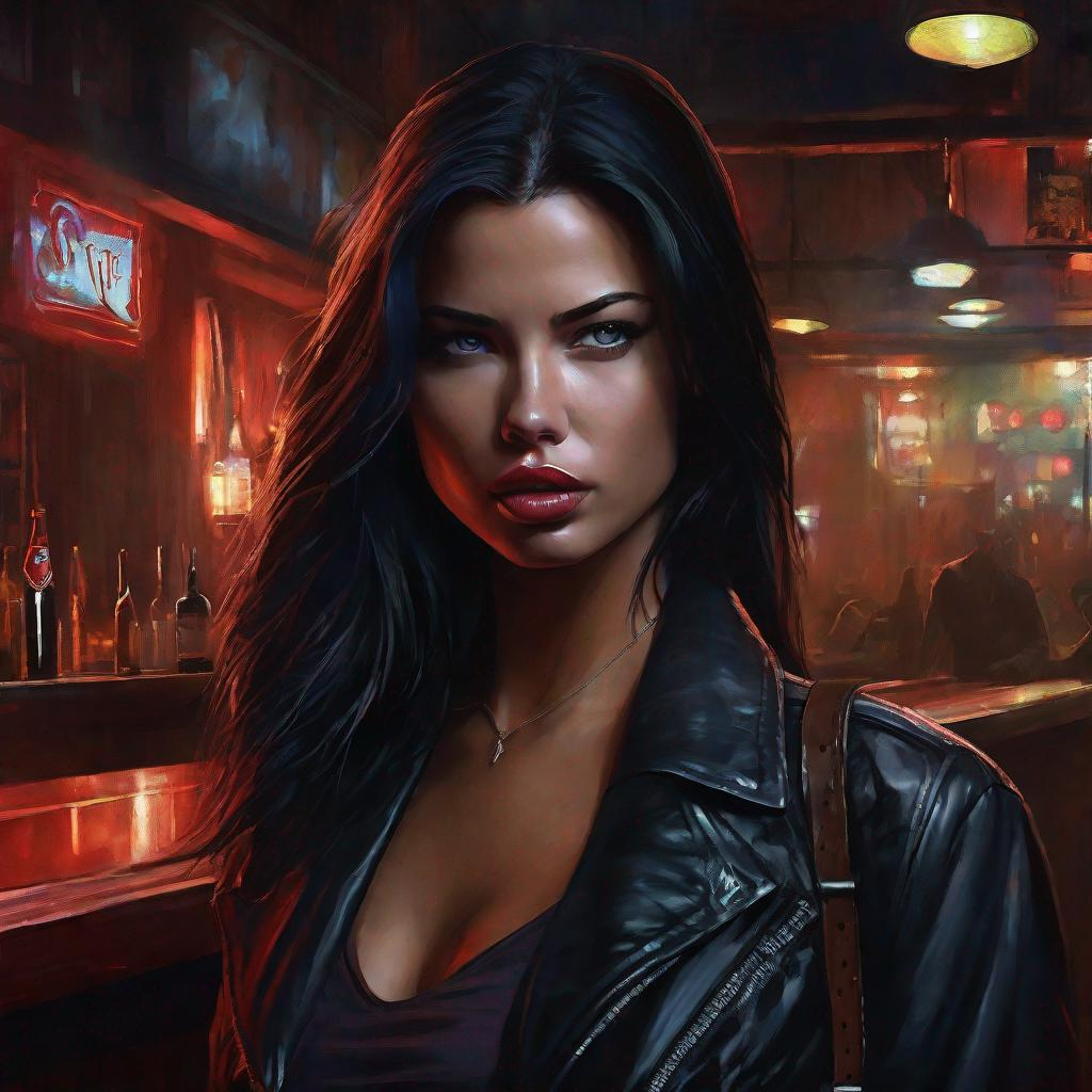 Image AI: Open Art: digital painting, character portrait, young Adriana Lima, barely any clothing, muted sleazy dive bar background, half body, eerie, mysterious, dangerous, shifty, hyperdetailed, ultra-realistic, cinematic lighting, UHD, style of VtM, Vampire the Masquerade, World of Darkness,