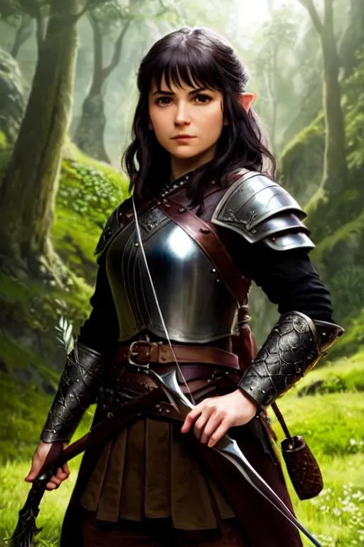 Prompt: hobbit Woman thief, standing in shadows, dagger, small weapons, bow and arrow, tough, realistic leather armor, fully covered chest, practical leather armor, Hyper-realistic, perfect, full body shot, intricate, symmetrical, wide eyes, soft-lighting, detailed-face, high details, UHD, real hands, proper hands, real fingers, proper fingers, no deformed parts, no writing